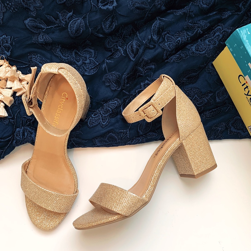 Gold shimmer open toe block heel dress sandals